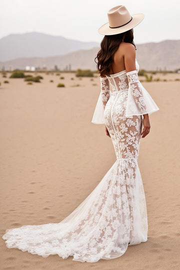 Mermaid White Lace Sweep Train Western Wedding Dress